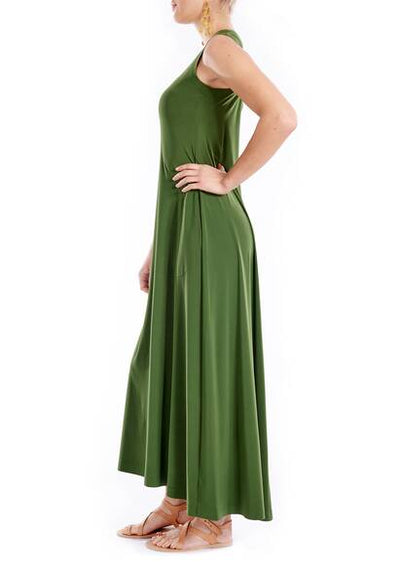 Sleeveless long swing dress, olive/green